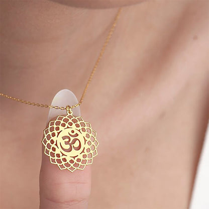 Buddhist Blessing Hollow Lotus Design Om Symbol Stainless Steel Connection Necklace Pendant