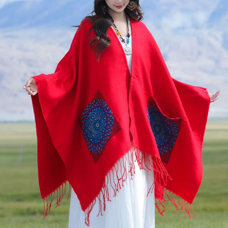 Buddhist Blessing Tibetan Geometric Round Mandala Pattern Tassels Shawl Fall Winter Cozy Scarf Wrap With Pockets