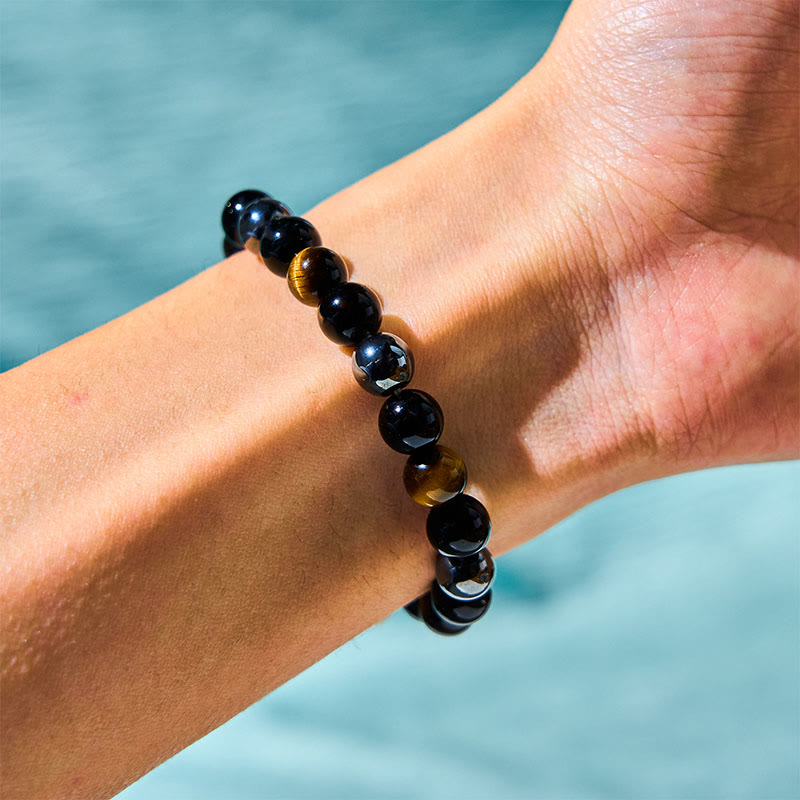Buddhist Blessing Natural Tiger's Eye Obsidian Hematite Positive Powerful Bracelet