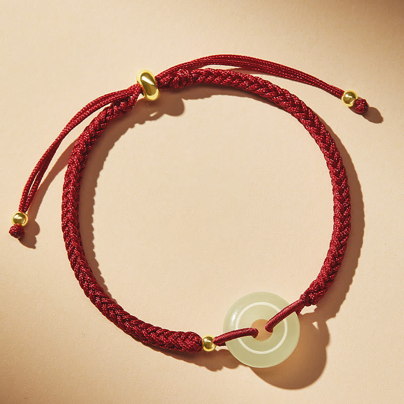 Buddhist Blessing Natural Hetian Jade Peace Buckle Fu Character Protection Luck Braided Bracelet