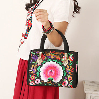 Buddhist Blessing Money Tree Peony Camellia Double-Sided Embroidery Canvas Shopping Purse Handbag Crossbody Bag