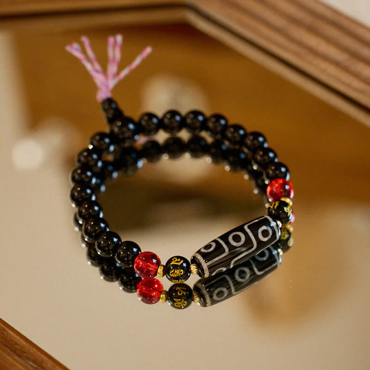 Buddhist Blessing Tibetan Nine-eye Dzi Bead Black Onyx Six True Words Wealth Protection Bracelet