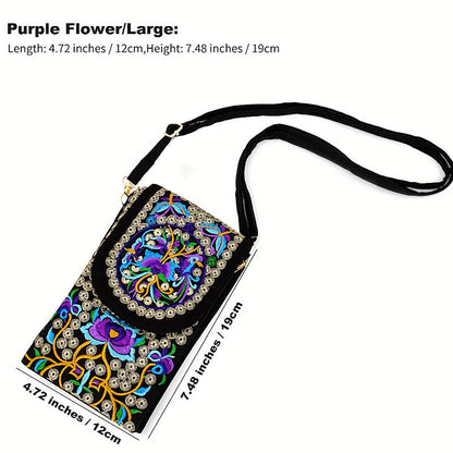 Buddhist Blessing Inula Flower Rose Embroidery Canvas Backpack Crossbody Bag