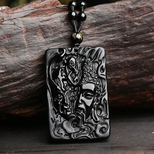 Buddhist Blessing Natural Black Obsidian Buddha Devil Pattern Strength Necklace Pendant