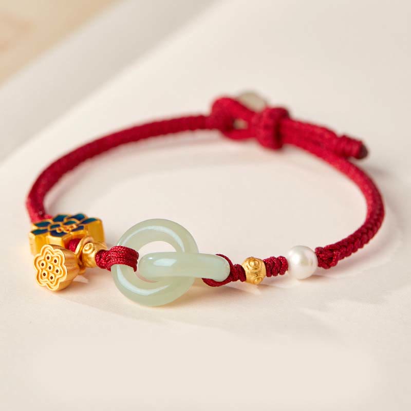 Buddhist Blessing Hetian Jade Lotus Peace Buckle Braided Rope Fortune Bracelet