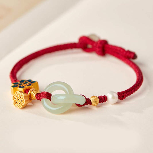 Buddhist Blessing Hetian Jade Lotus Peace Buckle Braided Rope Fortune Bracelet