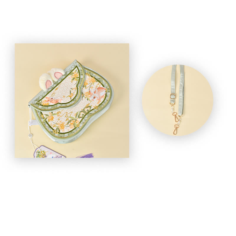 Buddhist Blessing Osmanthus Rabbit Embroidery Pearl Chain Furball Tassel Shoulder Bag Crossbody Bag