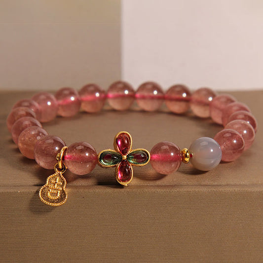 Buddhist Blessing Strawberry Quartz Four-leaf Clover Lucky Gourd Healing Bracelet