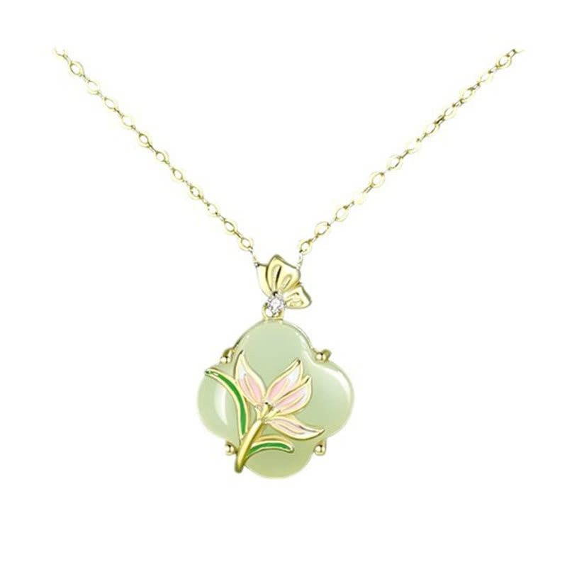 Buddhist Blessing 925 Sterling Silver Magnolia Butterfly Hetian Jade Four Leaf Clover Blessing Earrings Necklace Pendant