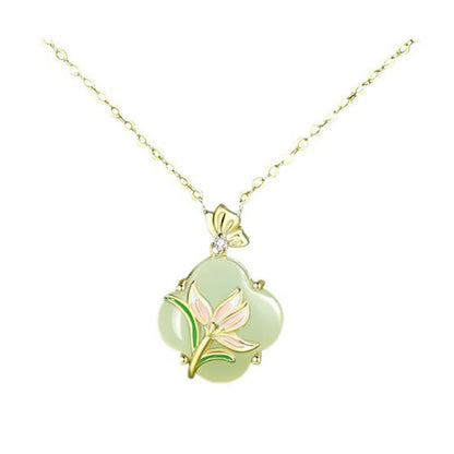 Buddhist Blessing 925 Sterling Silver Magnolia Butterfly Hetian Jade Four Leaf Clover Blessing Earrings Necklace Pendant