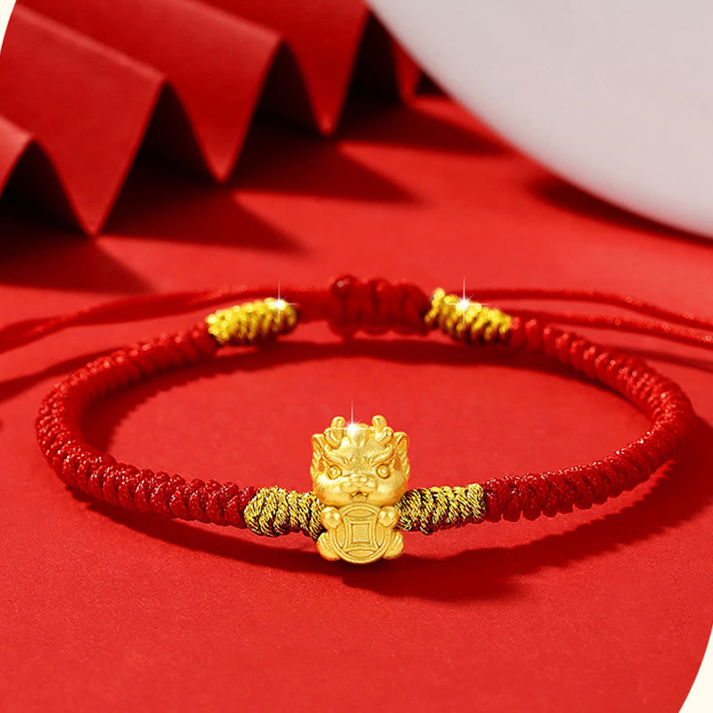 Buddhist Blessing 999 Sterling Silver Year of the Dragon Copper Coin Fortune Dragon Fu Character Luck Handcrafted Red String Braided Bracelet (Extra 30% Off | USE CODE: FS30)