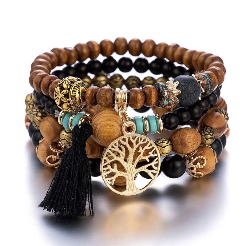 Buddha Stones Wenge Wood Layered Tree Tassel Healing Bracelet