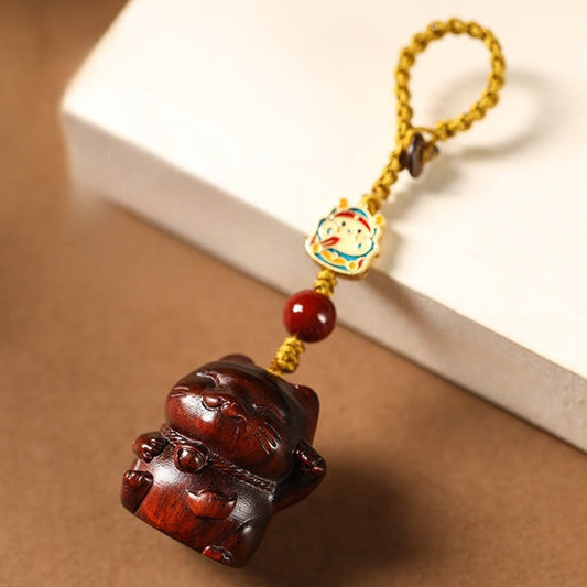 Buddhist Blessing Small Leaf Red Sandalwood Green Sandalwood Sandalwood Lucky Cat Protection Key Chain Phone Hanging Decoration