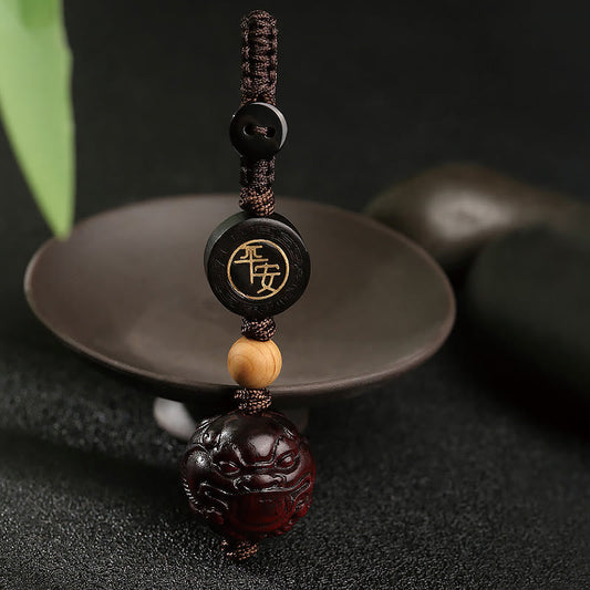 Buddhist Blessing Small Leaf Red Sandalwood PiXiu Safe and Well Protection Key Chain