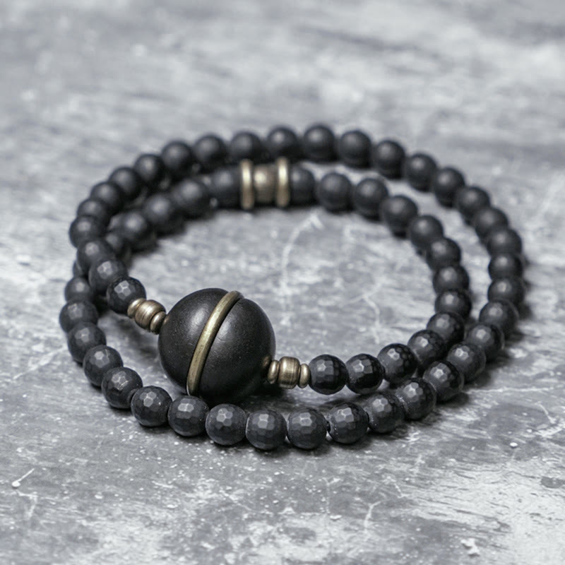 Buddhist Blessing Frosted Cut Surface Black Onyx Ebony Beads Double Wrap Protection Bracelet