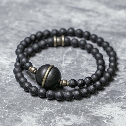 Buddhist Blessing Frosted Cut Surface Black Onyx Ebony Beads Double Wrap Protection Bracelet