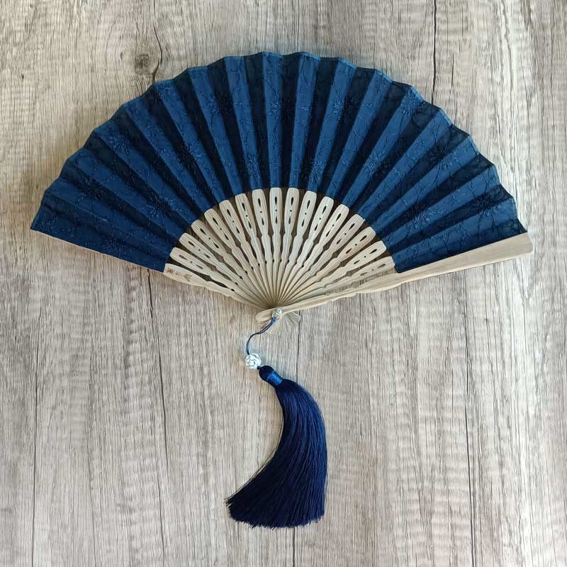 Buddhist Blessing Solid Color Hollow Flowers Embroidery Cotton Fabric Handheld Bamboo Folding Fan