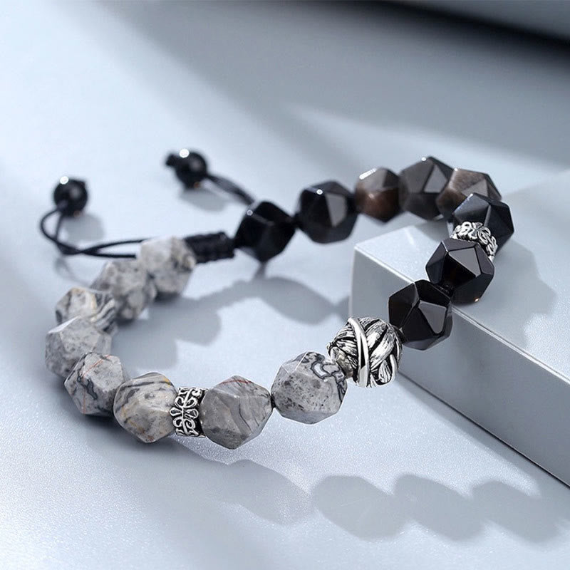 Buddhist Blessing Natural Irregular Cut Obsidian Grey Jasper 925 Sterling Silver Rolled Leaf Bead Protection Bracelet