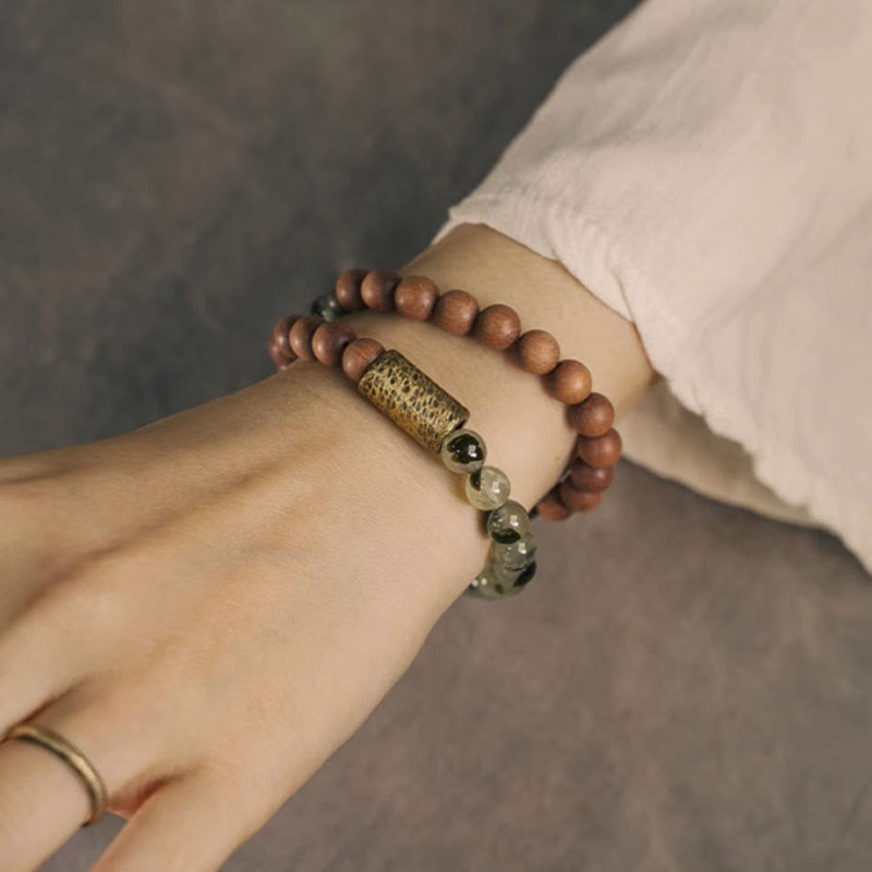 Buddhist Blessing Green Rutilated Quartz Natural Sandalwood Purification Bracelet