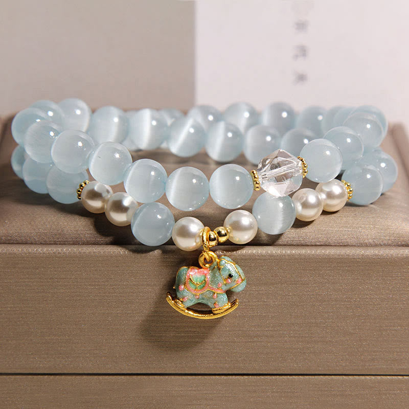 Buddhist Blessing Blue Cat Eye Trojan Horse Charm Support Double Wrap Bracelet