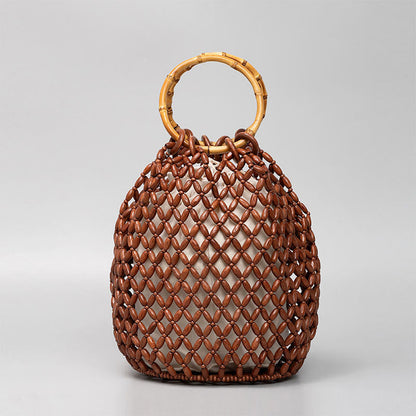Buddhist Blessing Hand-woven Wooden Beads Bamboo Handle Shoulder Bag Handbag