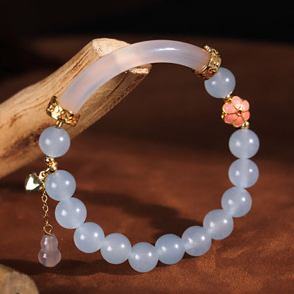 Buddhist Blessing Pink Crystal Blue Chalcedony Pearl Cuff Half Bracelet Bangle