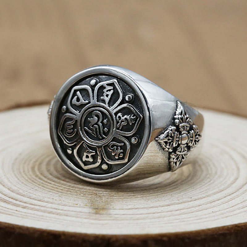 Buddhist Blessing Tibetan Om Mani Padme Hum Vajra Pattern Copper Focus Rotatable Ring