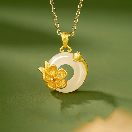 Buddhist Blessing Chalcedony 925 Sterling Silver Peace Buckle Flowers Necklace Pendant