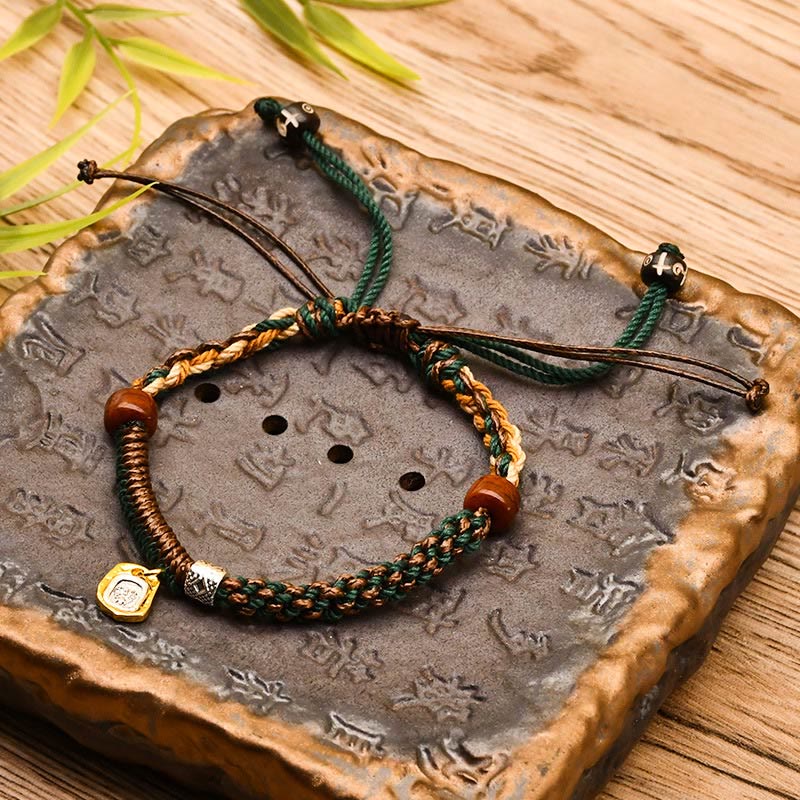 Buddhist Blessing Handmade Tibetan Zakiram Goddess Of Wealth Wood Protection Braided Bracelet