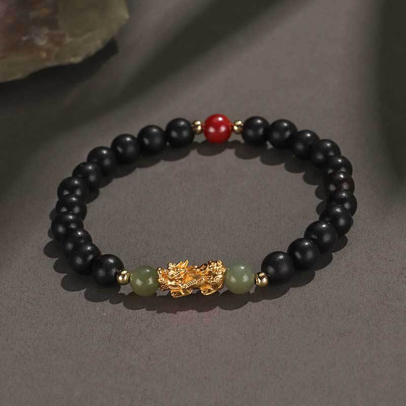 Buddhist Blessing 999 Sterling Silver Sandalwood Ebony Wood Small Leaf Red Sandalwood Hetian Jade Cinnabar PiXiu Wealth Bracelet