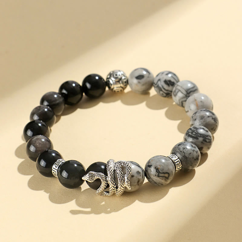 Buddhist Blessing Natural Silver Sheen Obsidian White Turquoise Grey Jasper Snowflake Obsidian Year Of The Snake Protection Bracelet