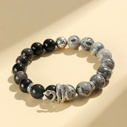 Buddhist Blessing Natural Silver Sheen Obsidian White Turquoise Grey Jasper Snowflake Obsidian Year Of The Snake Protection Bracelet