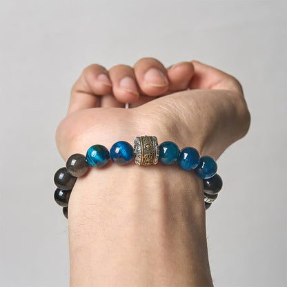 Buddhist Blessing Natural Silver Sheen Obsidian Blue Tiger Eye Om Mani Padme Hum Communication Bracelet