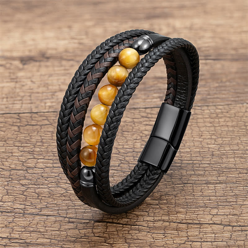 Buddhist Blessing Tiger Eye Lava Rock Black Onyx Lazurite Hematite Bead Positive Leather Bracelet