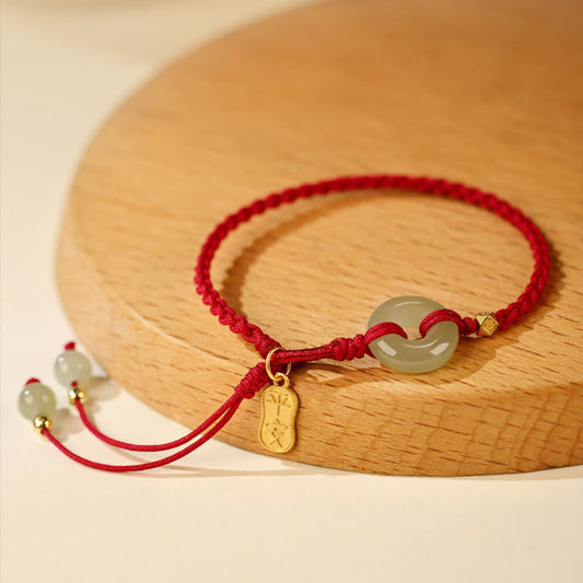 Buddhist Blessing Natural Hetian Jade Peace Buckle Red String Luck Braided Bracelet