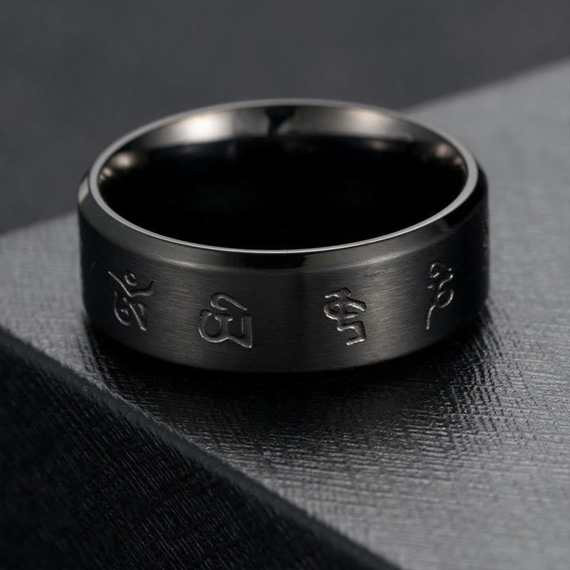 Buddhist Blessing Black Jambhala Mantra Titanium Steel Balance Ring