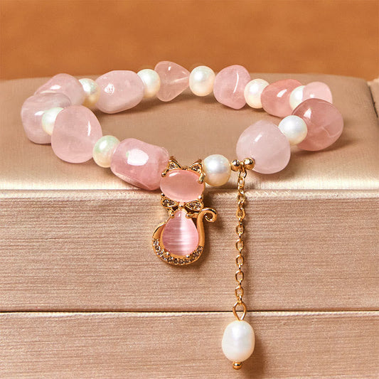 Buddhist Blessing Natural Strawberry Quartz Pearl Cat Positive Bracelet