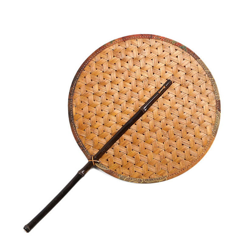 Buddhist Blessing Summer Retro Chinese Style Handmade Bamboo Woven Round Banana Shape Long Handle Fan