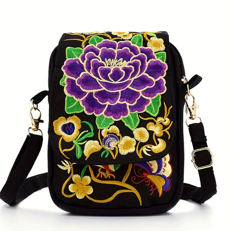 Buddhist Blessing Inula Flower Peony Embroidery Canvas Shopping Purse Handbag Crossbody Bag