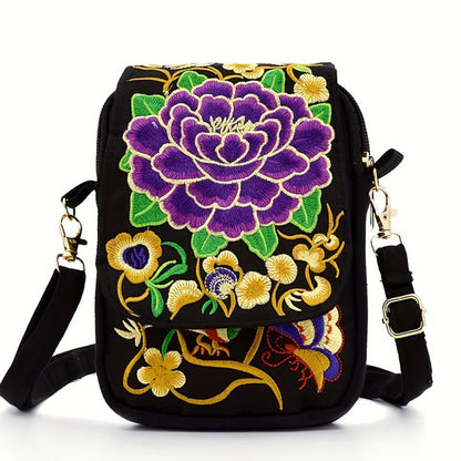 Buddhist Blessing Inula Flower Peony Embroidery Canvas Shopping Purse Handbag Crossbody Bag