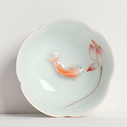 Buddhist Blessing Koi Fish Lotus Hand Teacup Kung Fu Tea Cup