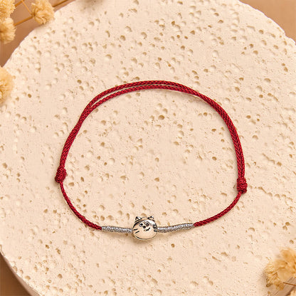Buddhist Blessing 925 Sterling Silver Cute Cat Red String Braided Bracelet