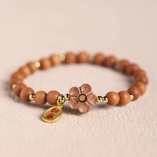 Buddhist Blessing Natural Sandalwood Peach Blossom Small Leaf Red Sandalwood Ruyi Charm Protection Bracelet