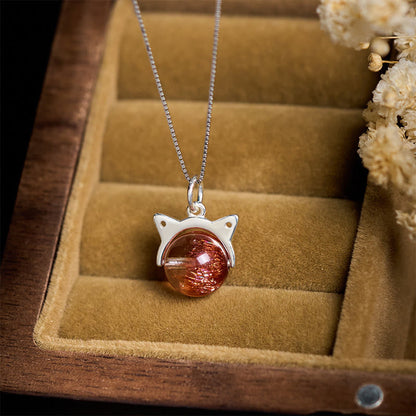Buddhist Blessing 925 Sterling Silver Natural Gold Fireworks Super Seven Crystal Cat Necklace Pendant