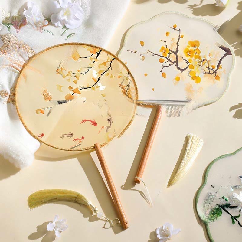 Buddhist Blessing Ginkgo Leaf Koi Fish Cherry Blossom Spring Flowers Handheld Wood Handle Fan