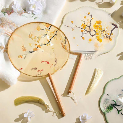 Buddhist Blessing Ginkgo Leaf Koi Fish Cherry Blossom Spring Flowers Handheld Wood Handle Fan