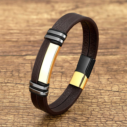 Buddhist Blessing Brown Leather Titanium Steel Buckle Balance Bracelet