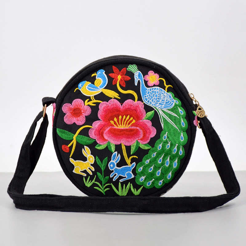 Buddhist Blessing Money Tree Galsang Inula Flower Peony Rose Peacock Double-Sided Embroidery Canvas Shopping Purse Handbag Crossbody Bag