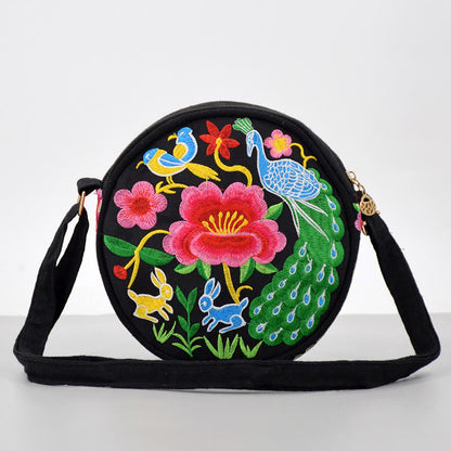 Buddhist Blessing Money Tree Galsang Inula Flower Peony Rose Peacock Double-Sided Embroidery Canvas Shopping Purse Handbag Crossbody Bag