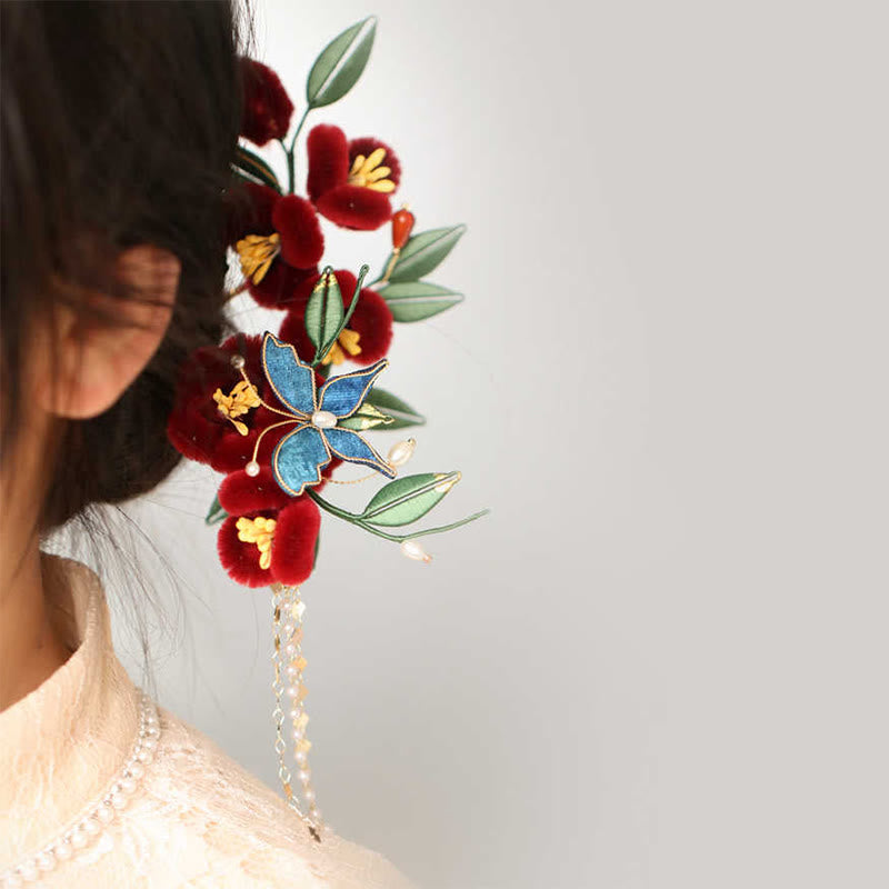 Buddhist Blessing Classical Chinese Style Red Flower Blue Butterfly Hairpin Hair Clip Hair Comb Barrette